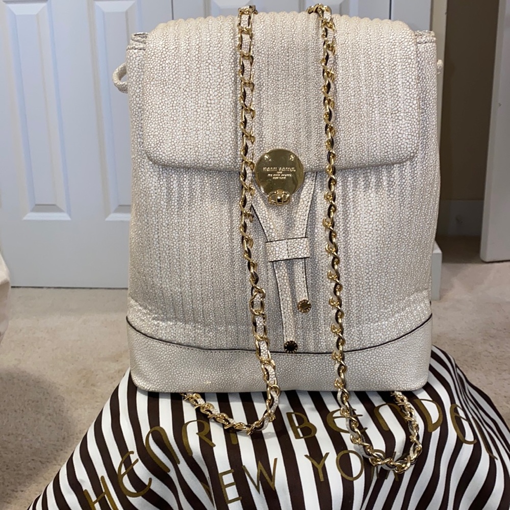 Henri Bendel Drawstring Backpack Piped Leather Gold Accents
